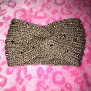 Knitted Chic: Brown Head Scarf with Pointy Silver Spikes - One Size Fits All